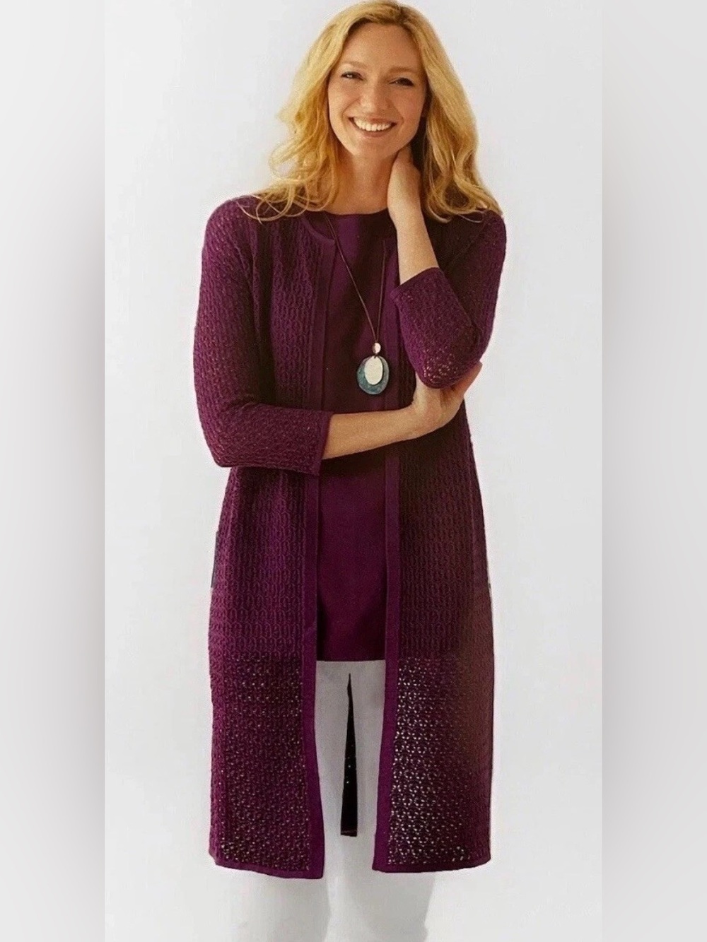 J.jill Medium Long Purple Crocheted Open Front Duster Cardigan